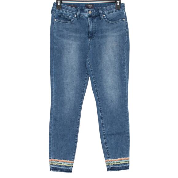 NYDJ Jeans Ami Skinny Embroidered Raw Hem Boho Minimalist Retro Lift Tuck Blue 8 - Picture 1 of 5